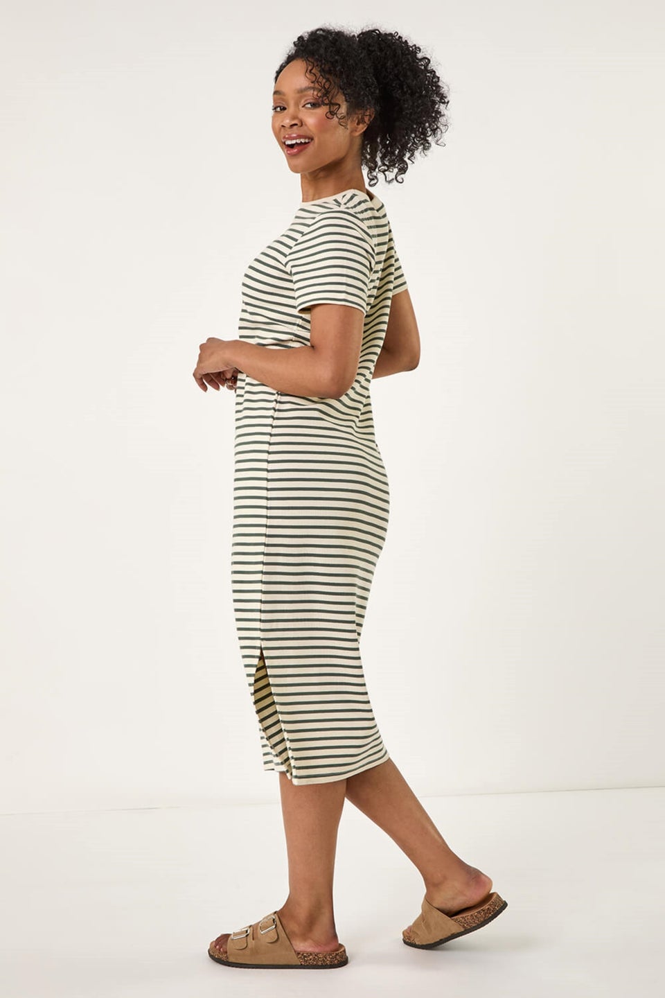 Roman Khaki Petite Stripe Knit Midi Dress