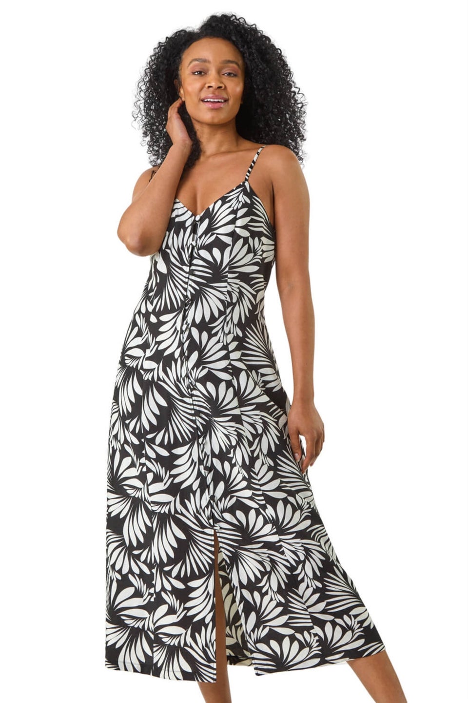 Roman Black Petite Print Button Midi Dress