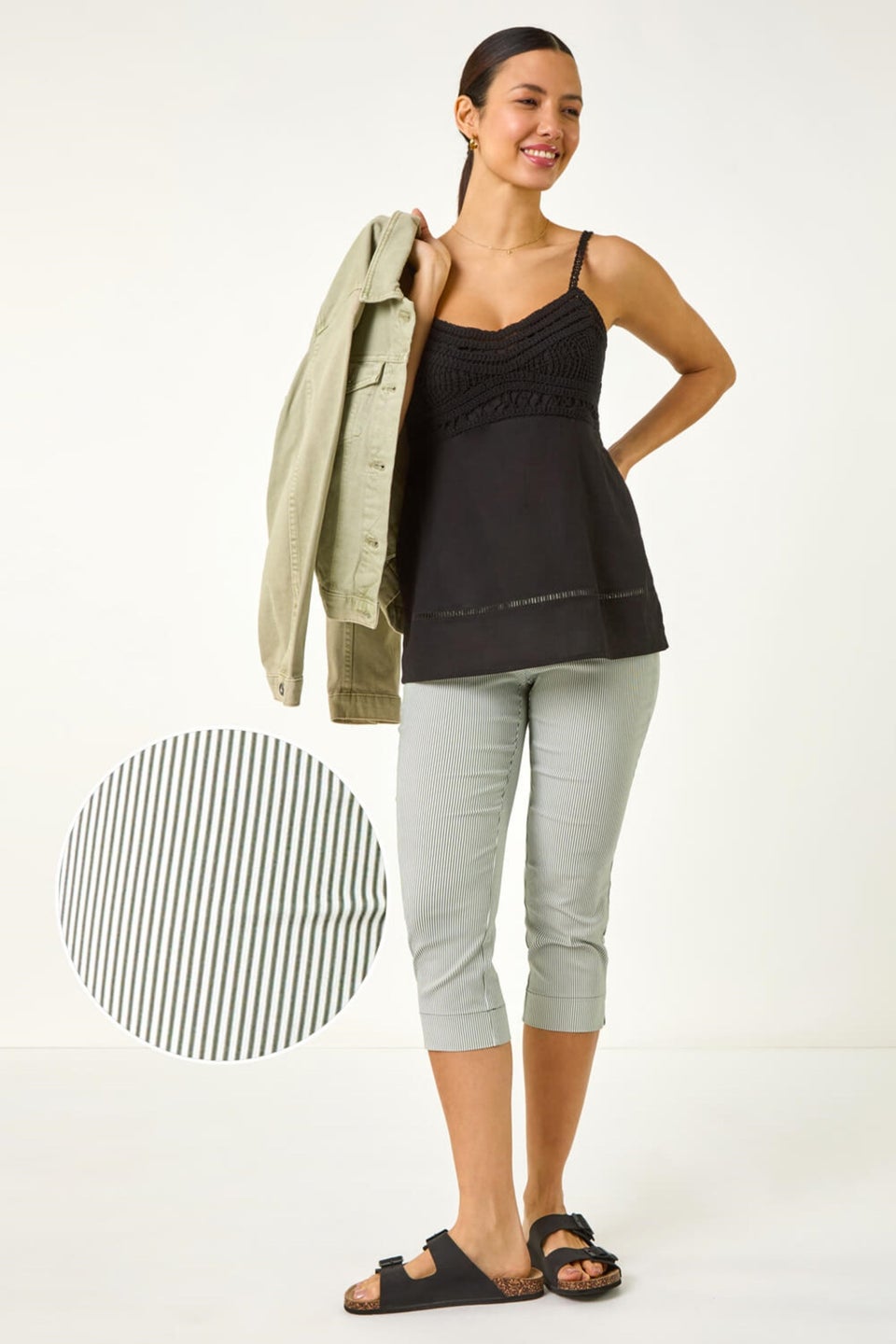 Roman Khaki Striped Cropped Stretch Trouser
