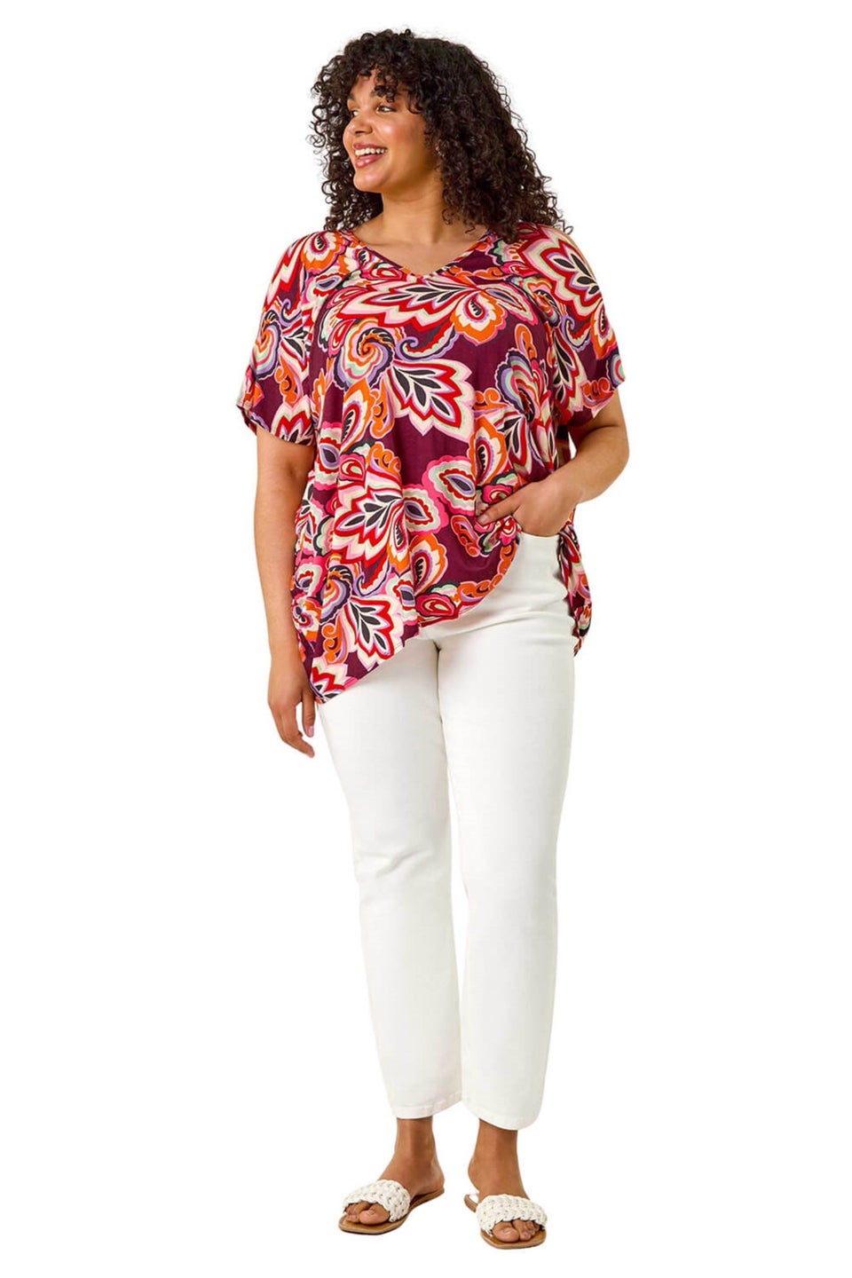 Roman Purple Curve Floral Print Cold Shoulder Top