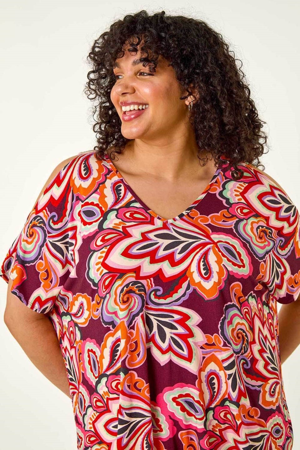 Roman Purple Curve Floral Print Cold Shoulder Top