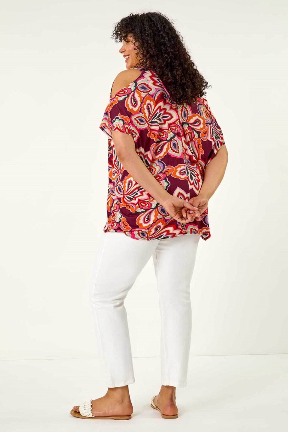 Roman Purple Curve Floral Print Cold Shoulder Top