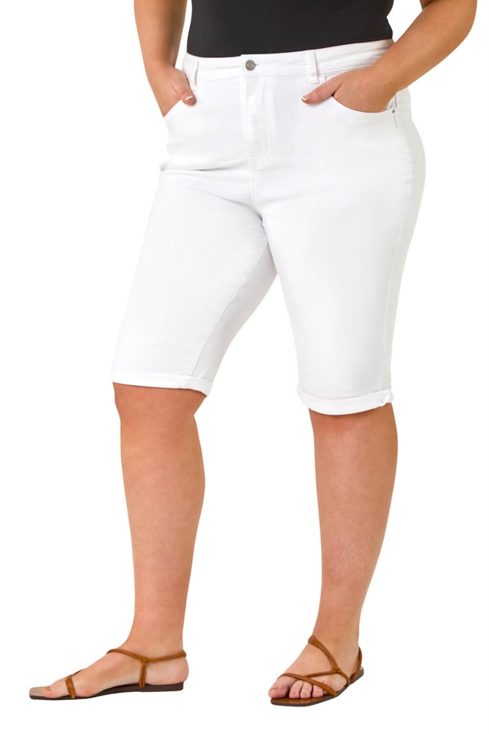 Roman White Curve Stretch Knee Length Denim Shorts