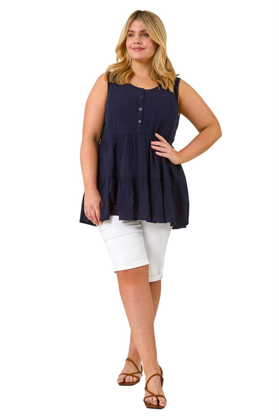 Roman White Curve Stretch Knee Length Denim Shorts