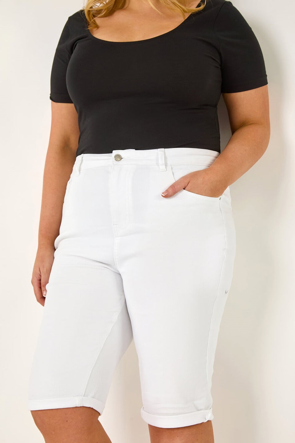 Roman White Curve Stretch Knee Length Denim Shorts