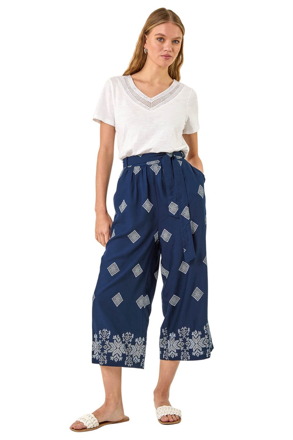 Roman Navy Border Print Belted Trouser