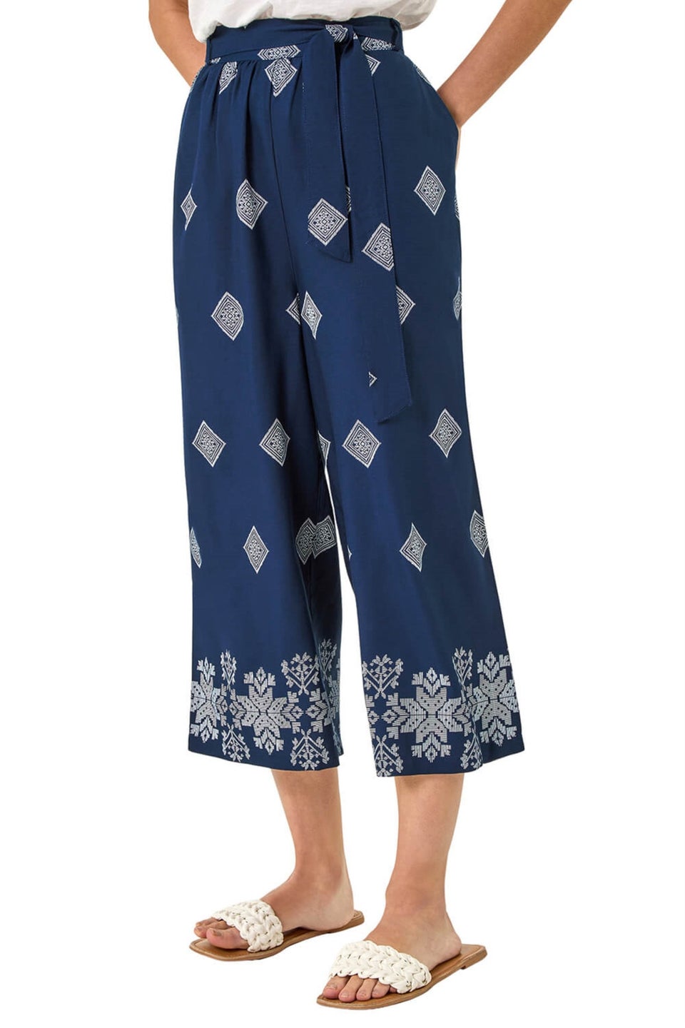 Roman Navy Border Print Belted Trouser