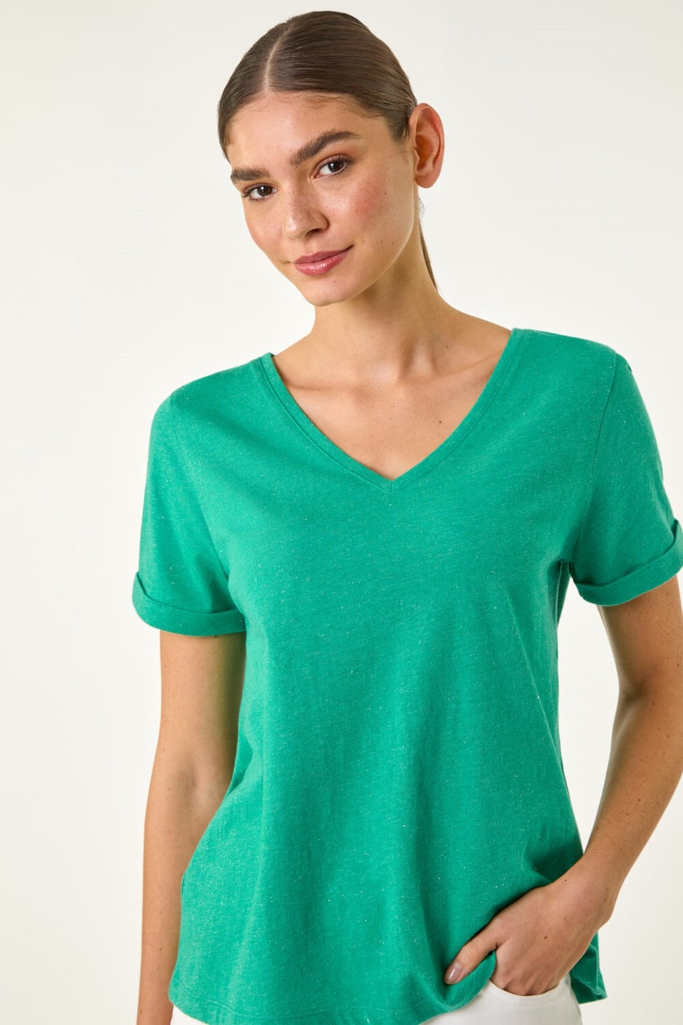 Roman Green Shimmer V-Neck Top