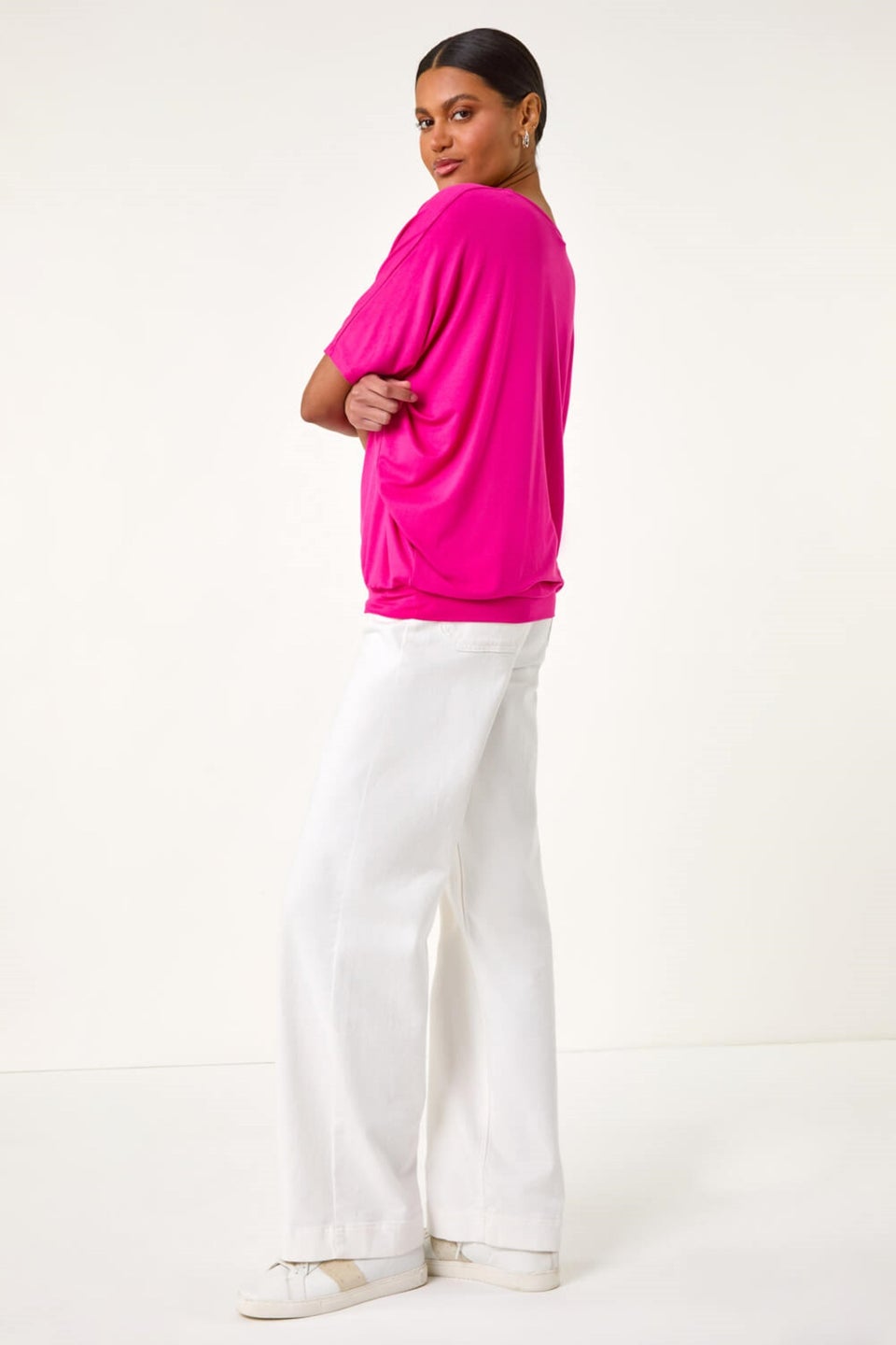 Roman Fuchsia V-Neck Grown On Sleeve Stretch Top