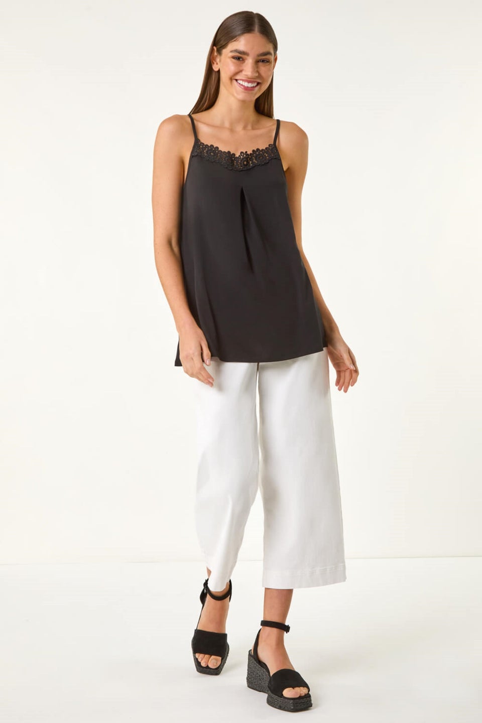 Roman Black Lace Trim Cami Stretch Top
