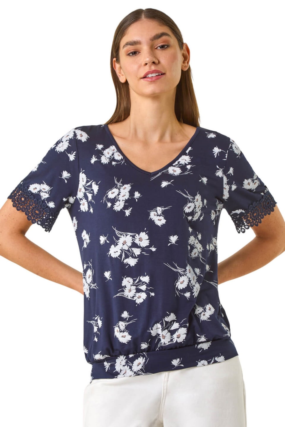 Roman Navy Floral Print V-Neck Lace Stretch Top