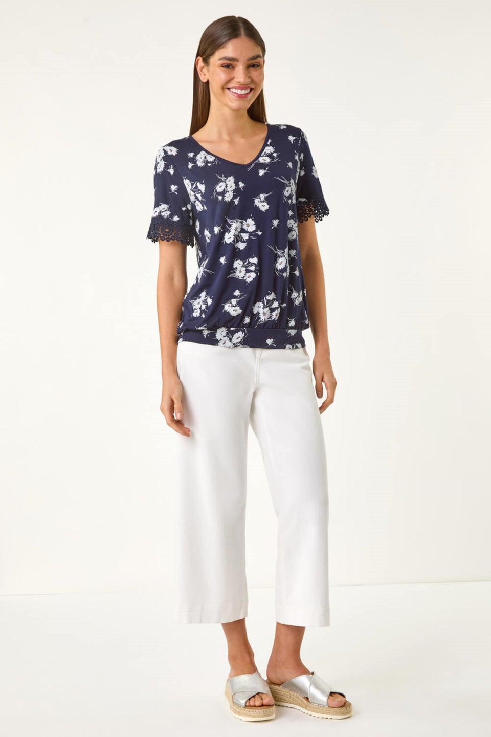 Roman Navy Floral Print V-Neck Lace Stretch Top
