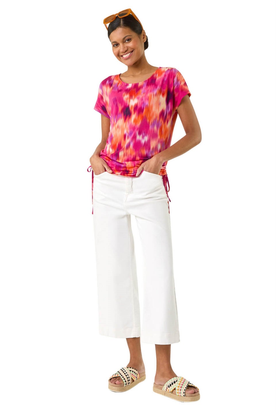 Roman Fuchsia Abstract Print Side Tie Detail Top