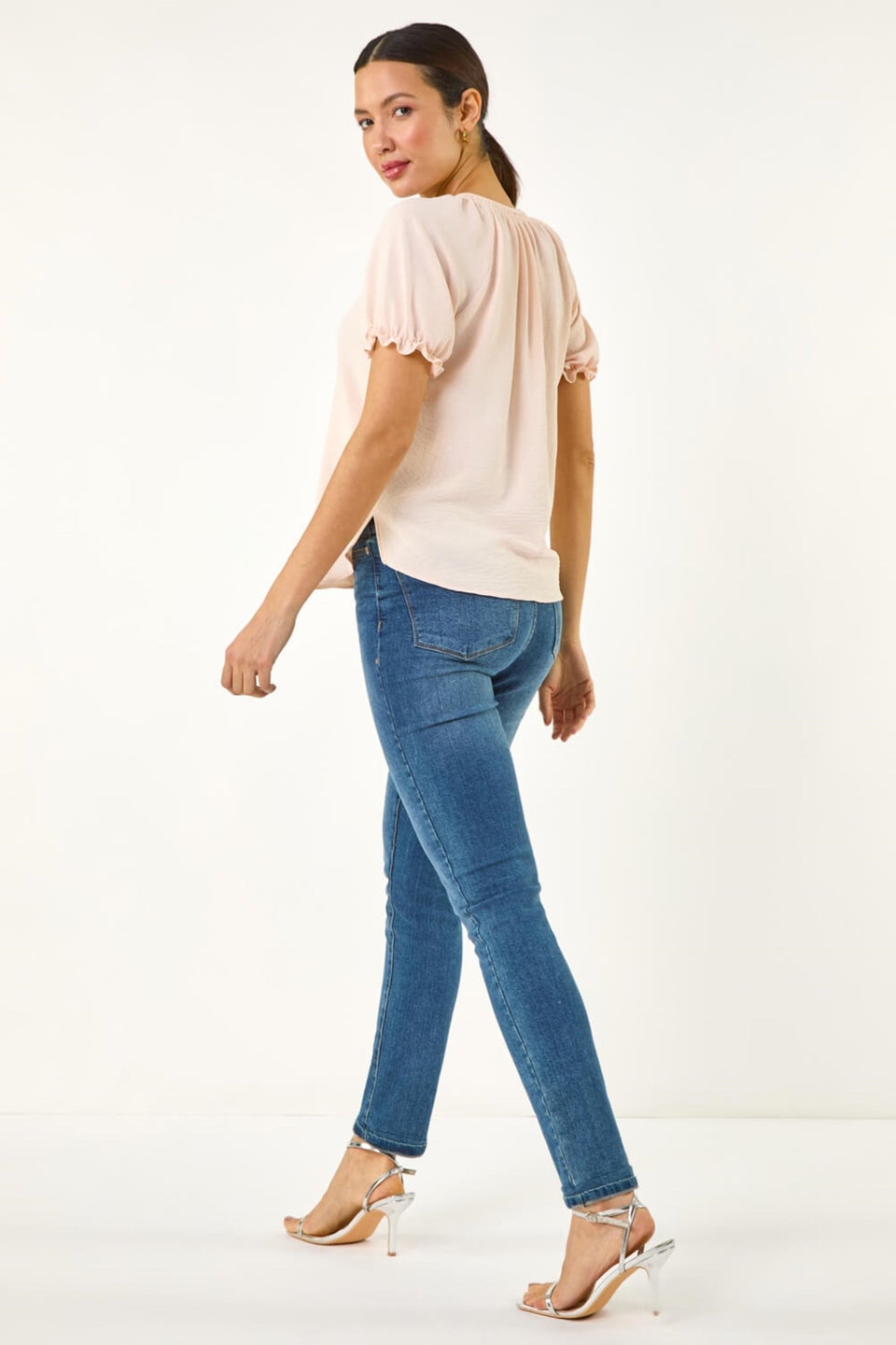 Roman Light Pink Tie Front Frill Sleeve Top