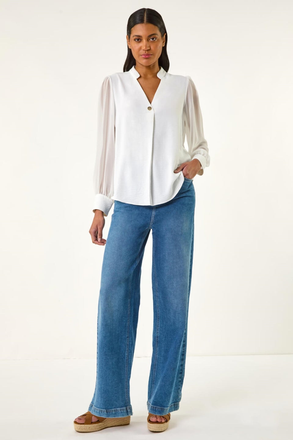 Roman Ivory Chiffon Sleeve V-Neck Pleated Top