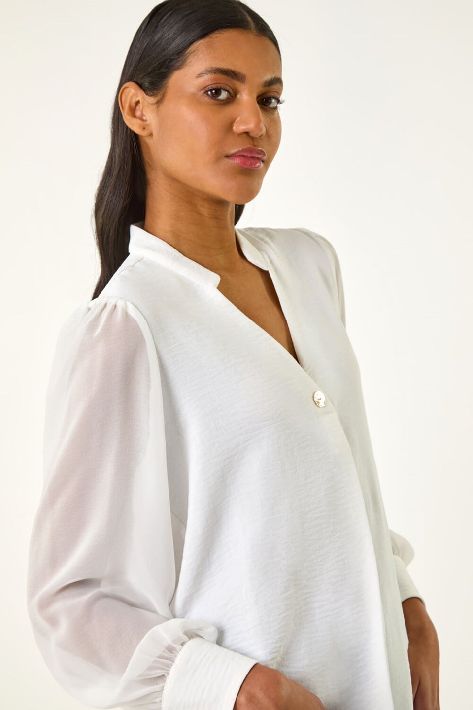 Roman Ivory Chiffon Sleeve V-Neck Pleated Top