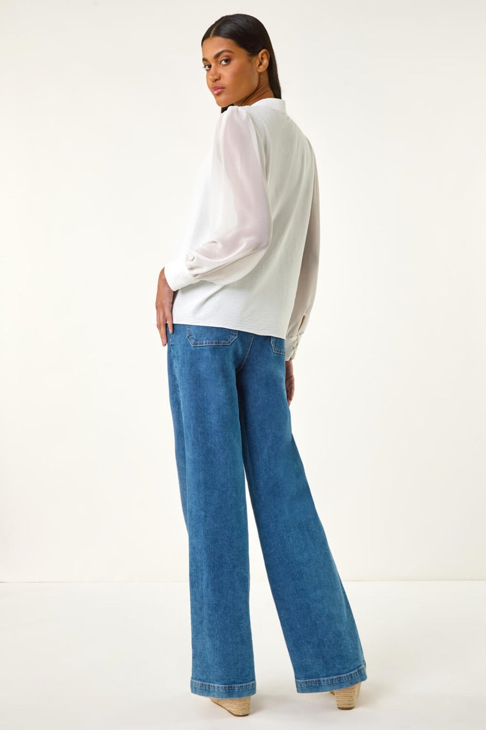 Roman Ivory Chiffon Sleeve V-Neck Pleated Top