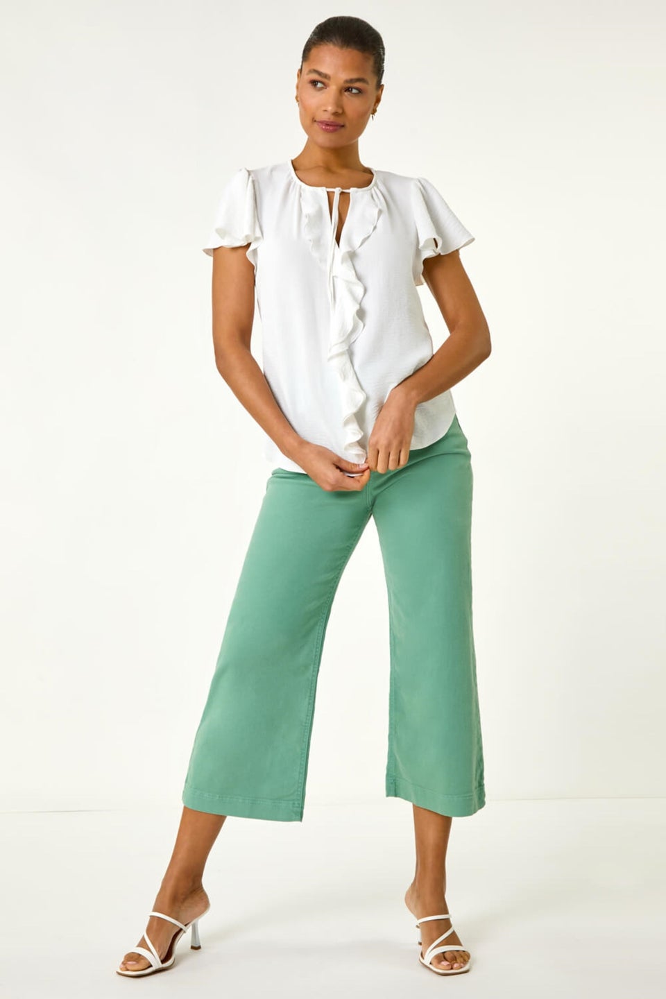 Roman Ivory Frilled Sleeve Tie Front Top