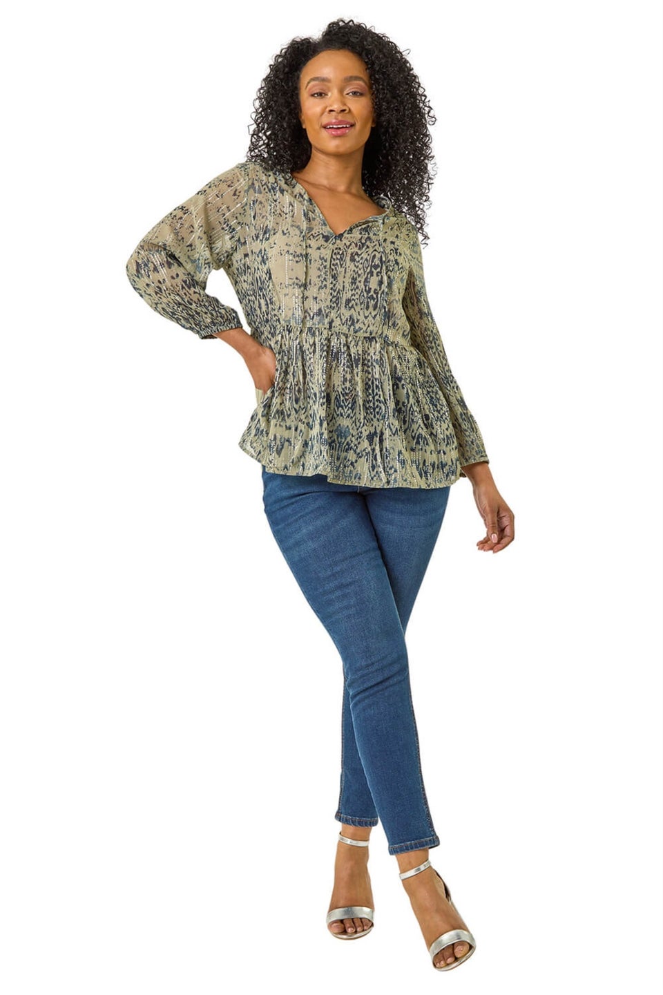 Roman Khaki Petite Metallic Aztec Print Top