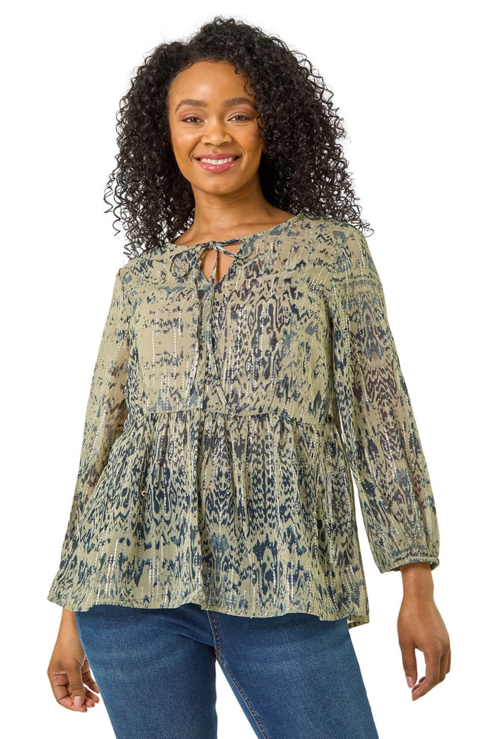 Roman Khaki Petite Metallic Aztec Print Top