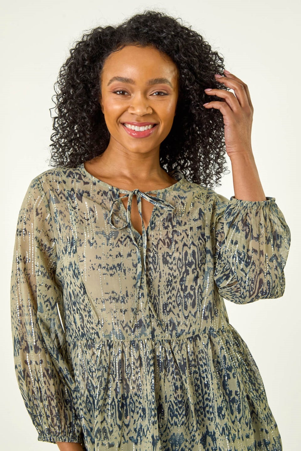 Roman Khaki Petite Metallic Aztec Print Top