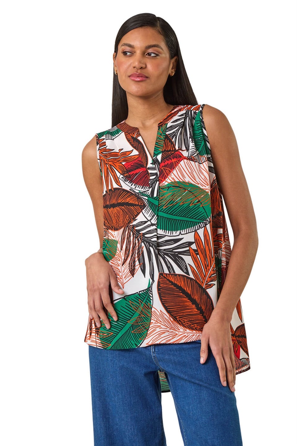 Roman Orange Leaf Print Pleated Vest Top