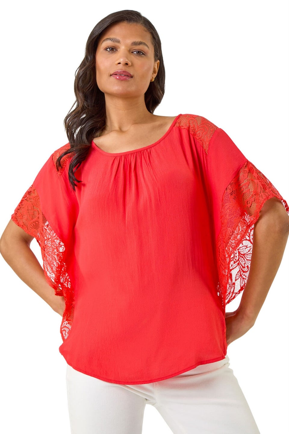 Roman Coral Gathered Lace Insert Sleeve Top