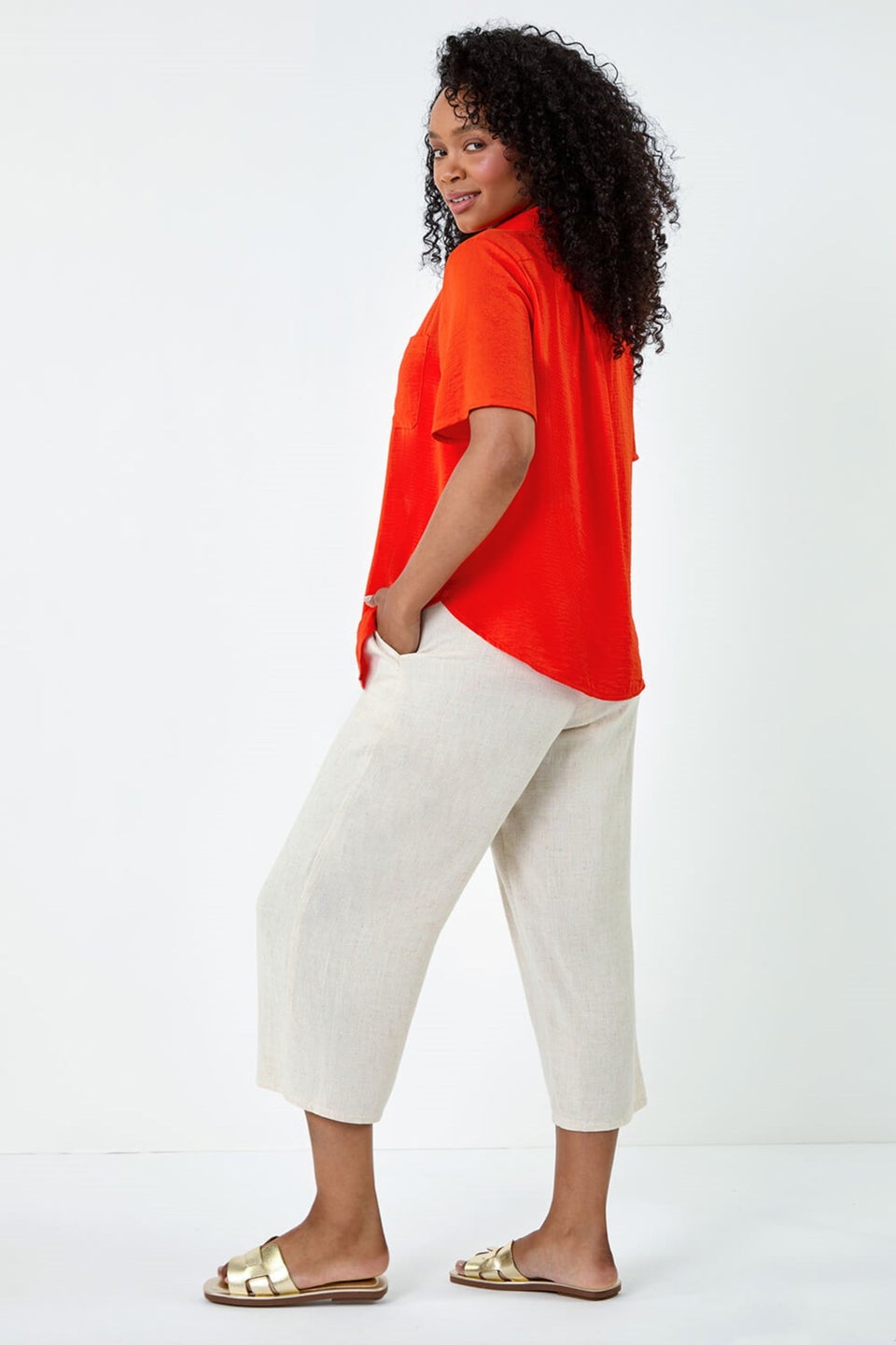 Roman Orange Petite Button Up Pocket Shirt