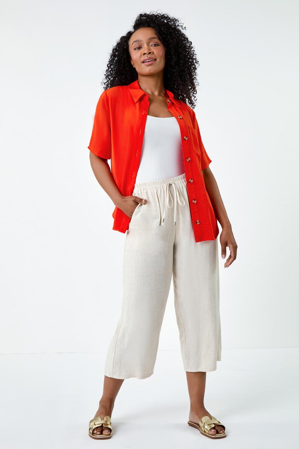 Roman Orange Petite Button Up Pocket Shirt