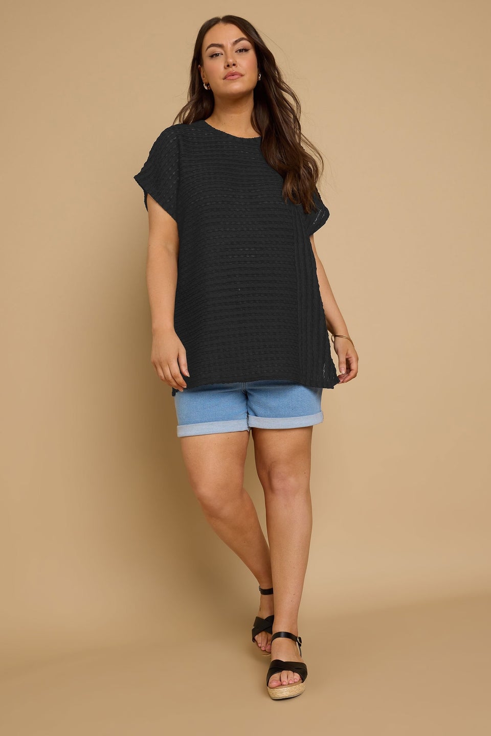 Yours Curve Black Textured Split Seam Top