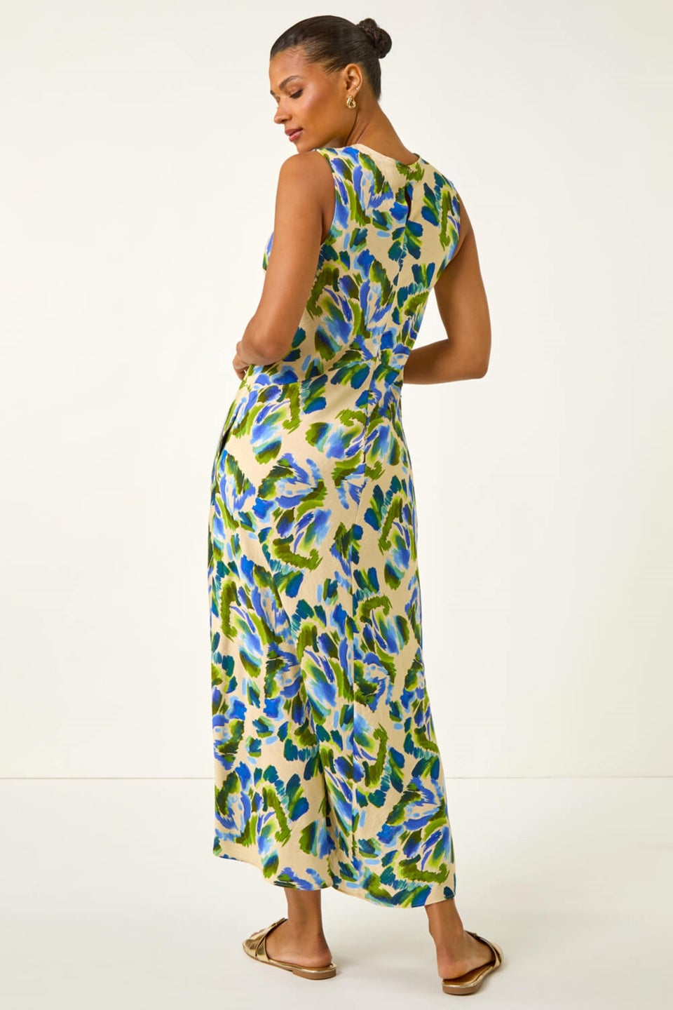 Roman Blue Abstract Print Sleeveless Midi Dress