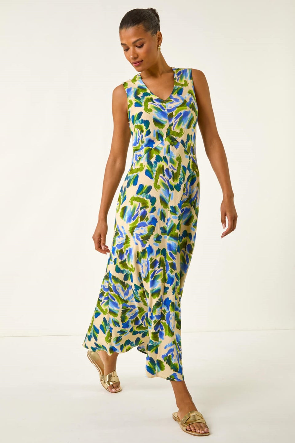 Roman Blue Abstract Print Sleeveless Midi Dress