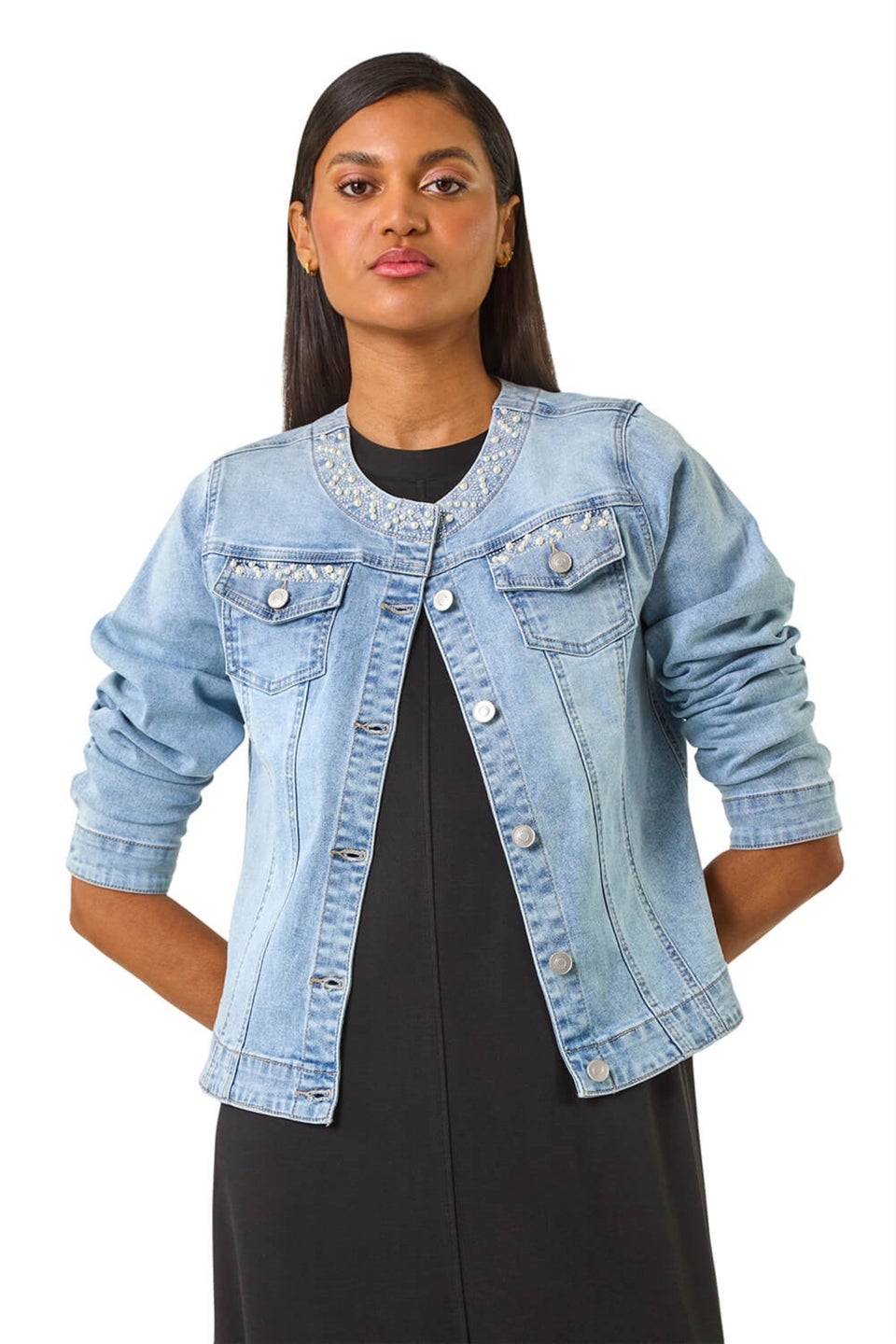 Roman Light Denim Pearl Detail Collarless Jacket