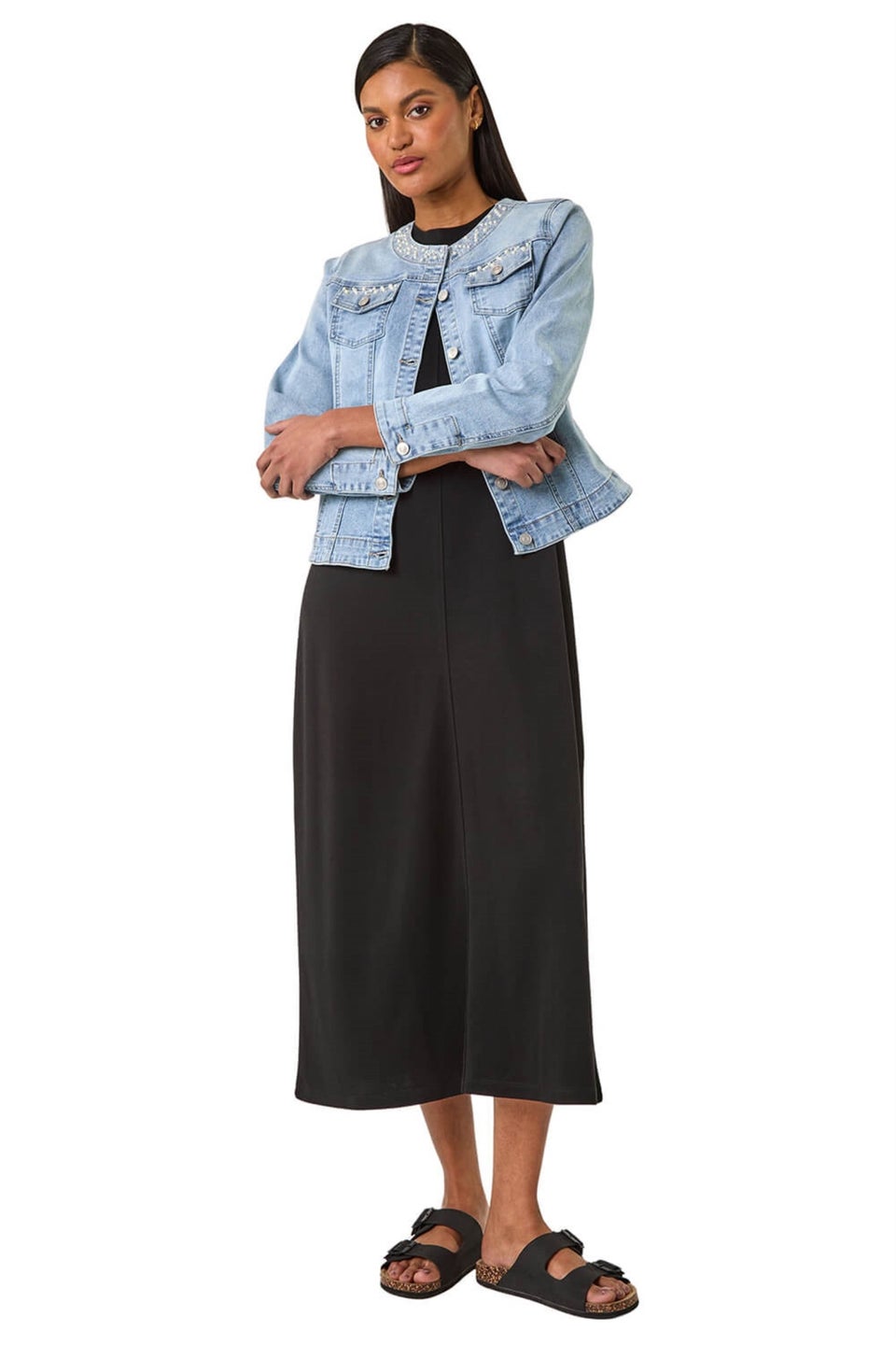 Roman Light Denim Pearl Detail Collarless Jacket