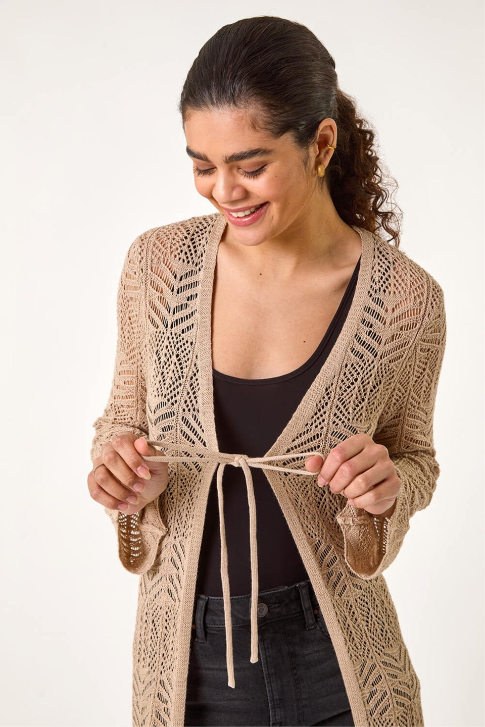Roman Natural Longline Tie Cotton Blend Knit Cardigan