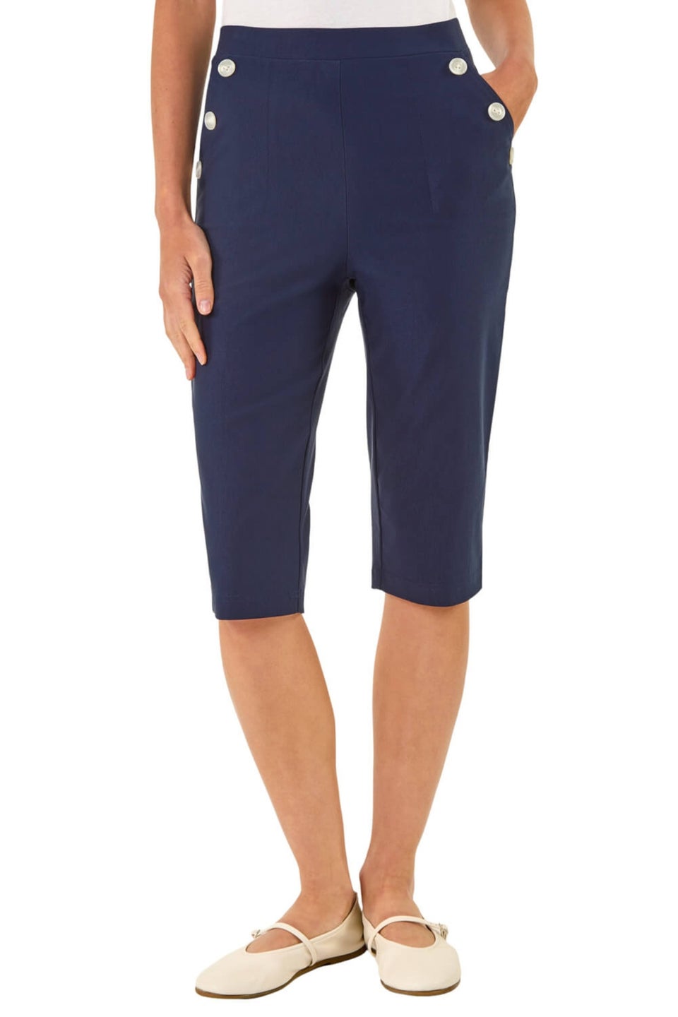 Roman Navy Buttoned Pocket Cropped Shorts