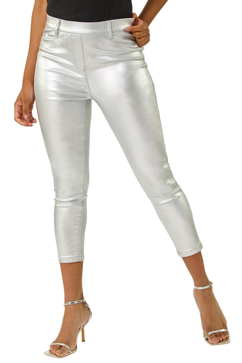 Roman Silver Metallic Coated Crop Jeggings