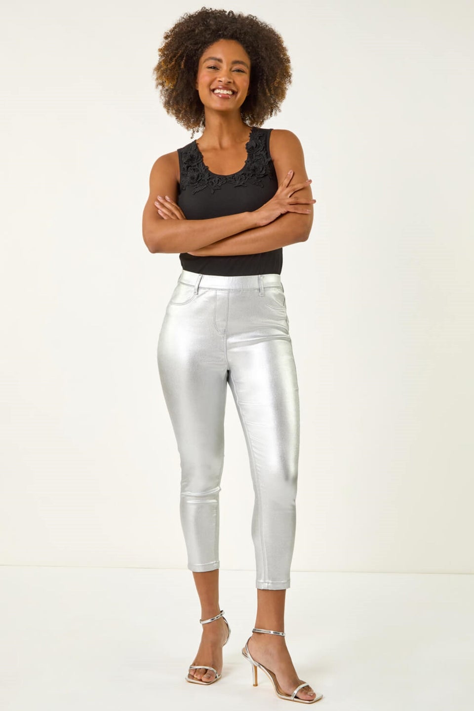 Roman Silver Metallic Coated Crop Jeggings