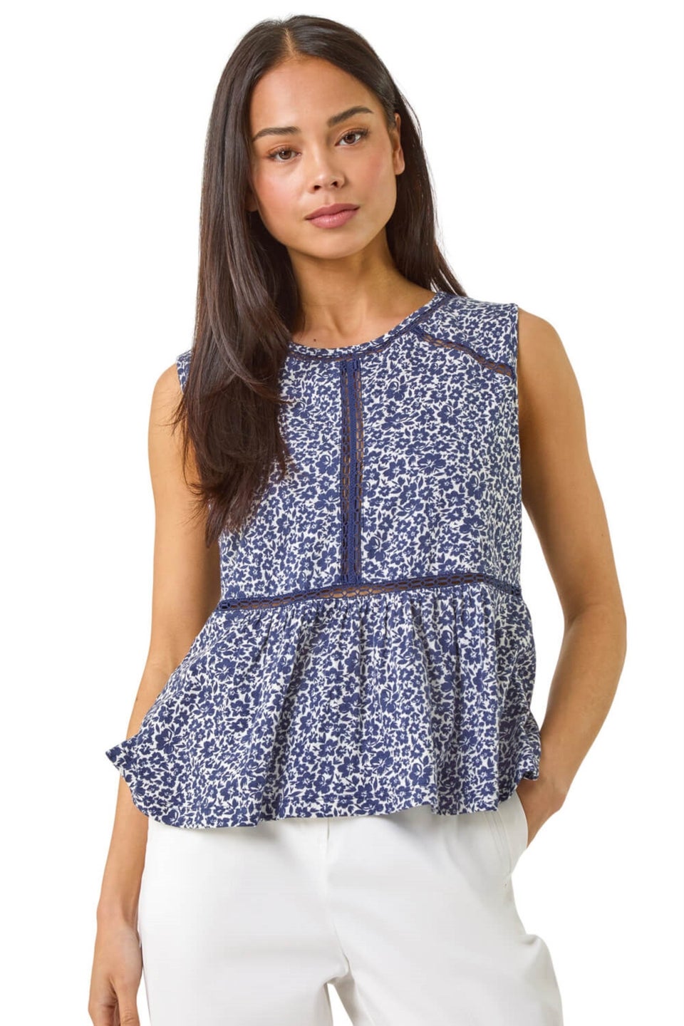 Roman Navy Petite Floral Print Trim Vest Top