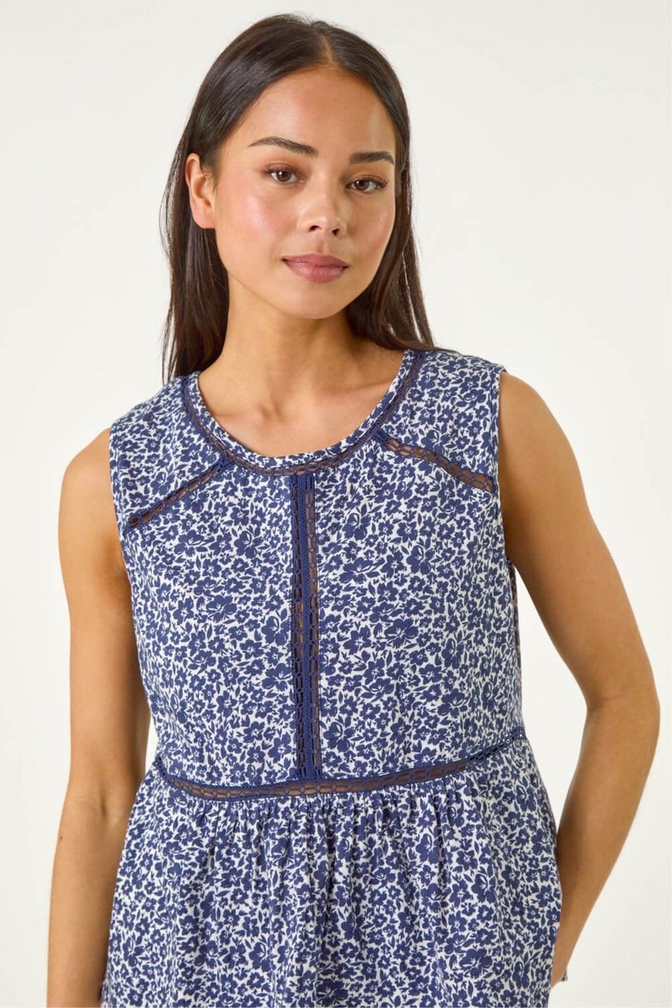 Roman Navy Petite Floral Print Trim Vest Top