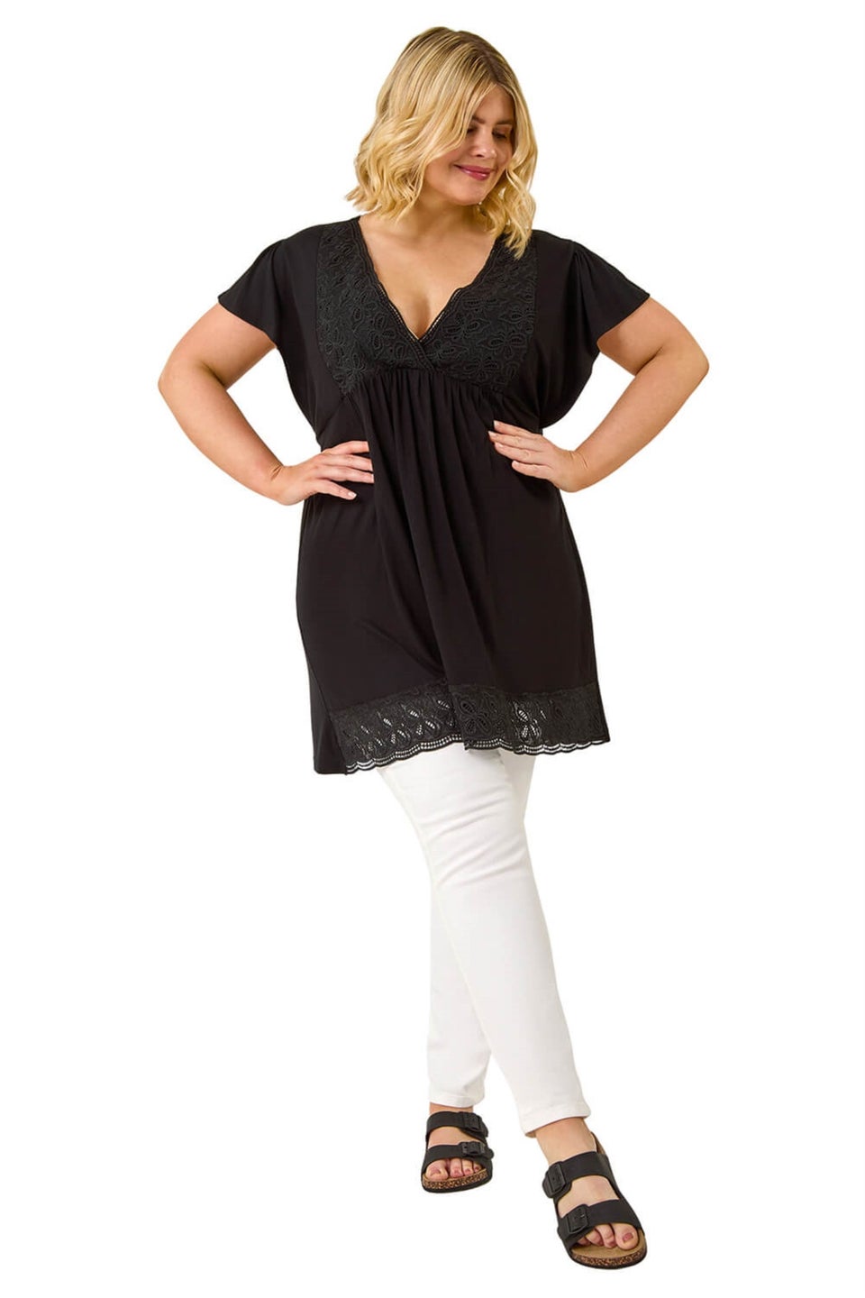 Roman Black Curve Lace Trim Stretch Top