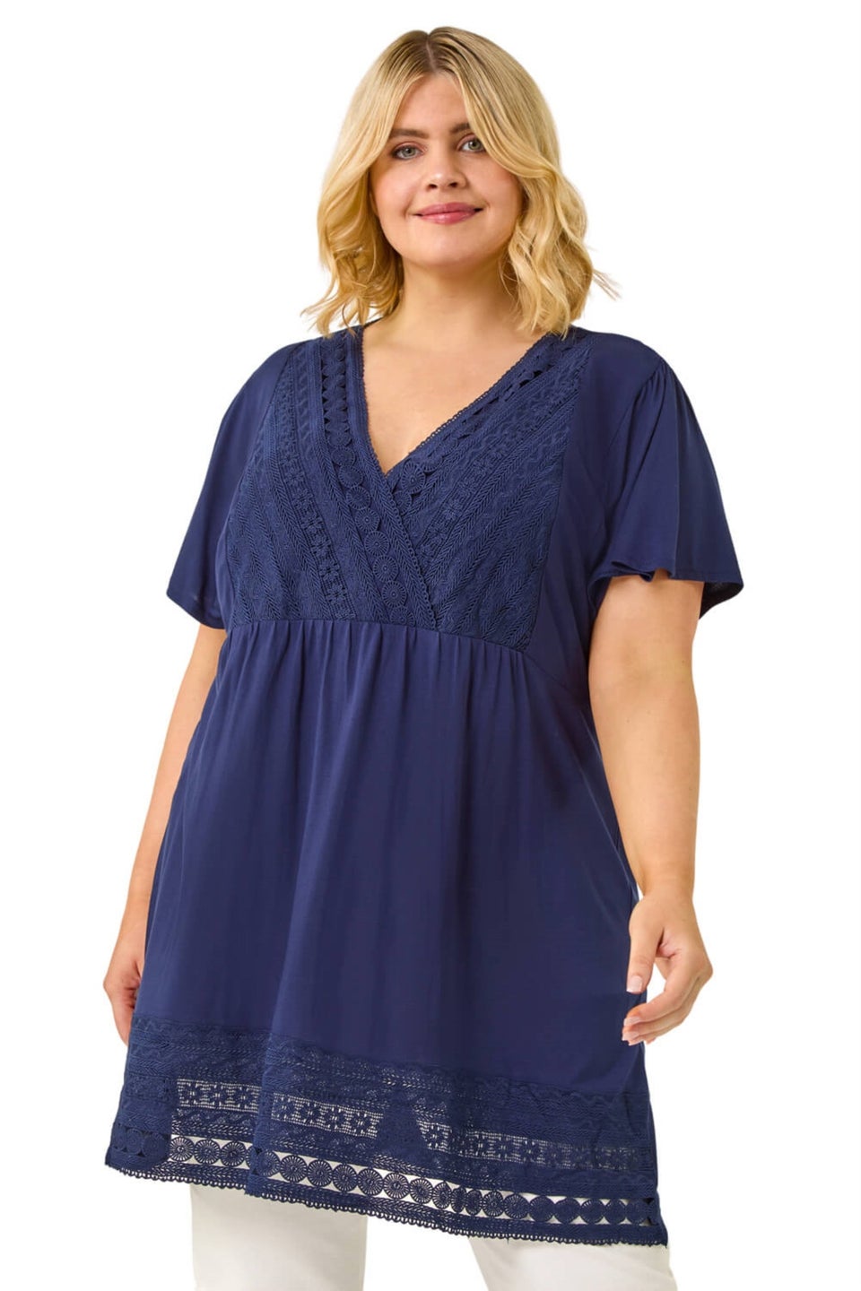 Roman Navy Curve Lace Trim Stretch Top