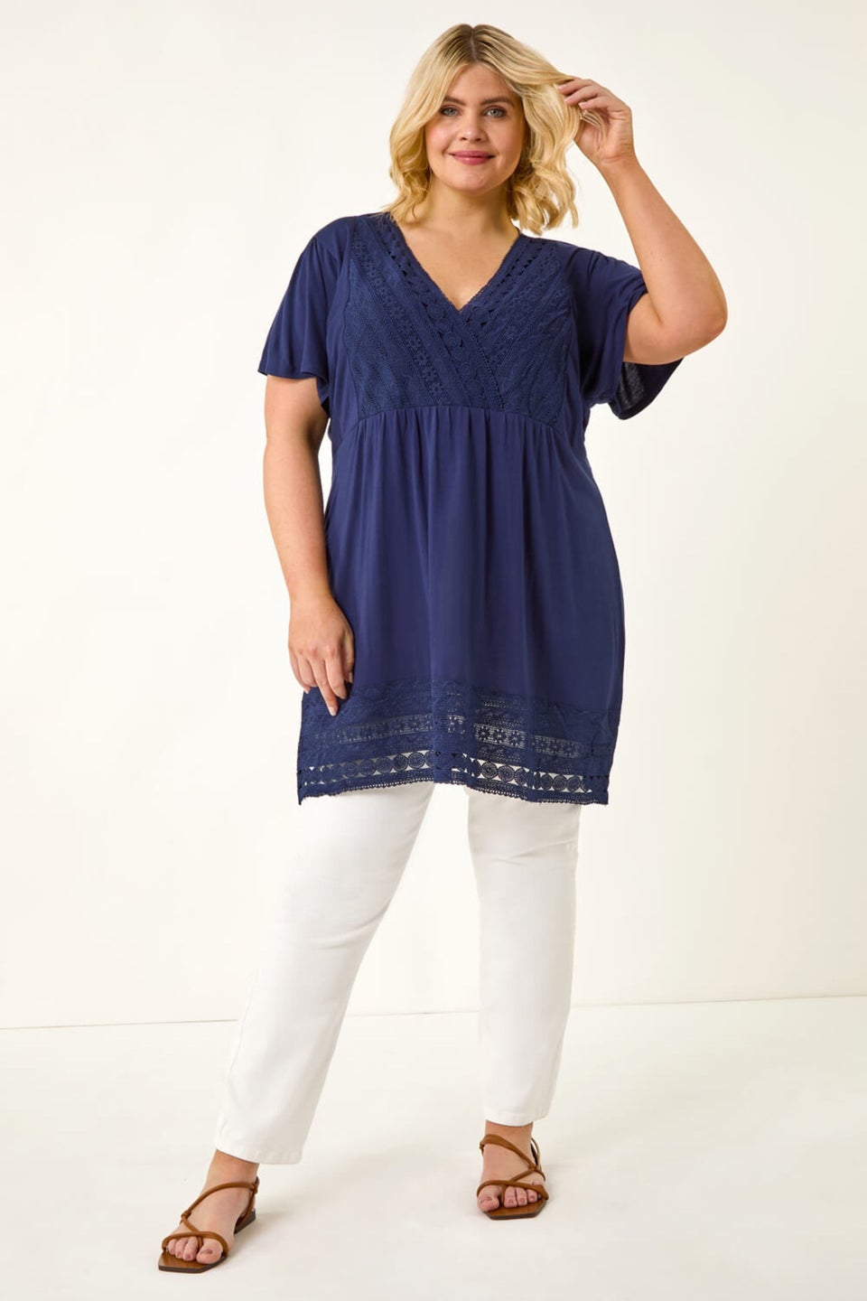 Roman Navy Curve Lace Trim Stretch Top