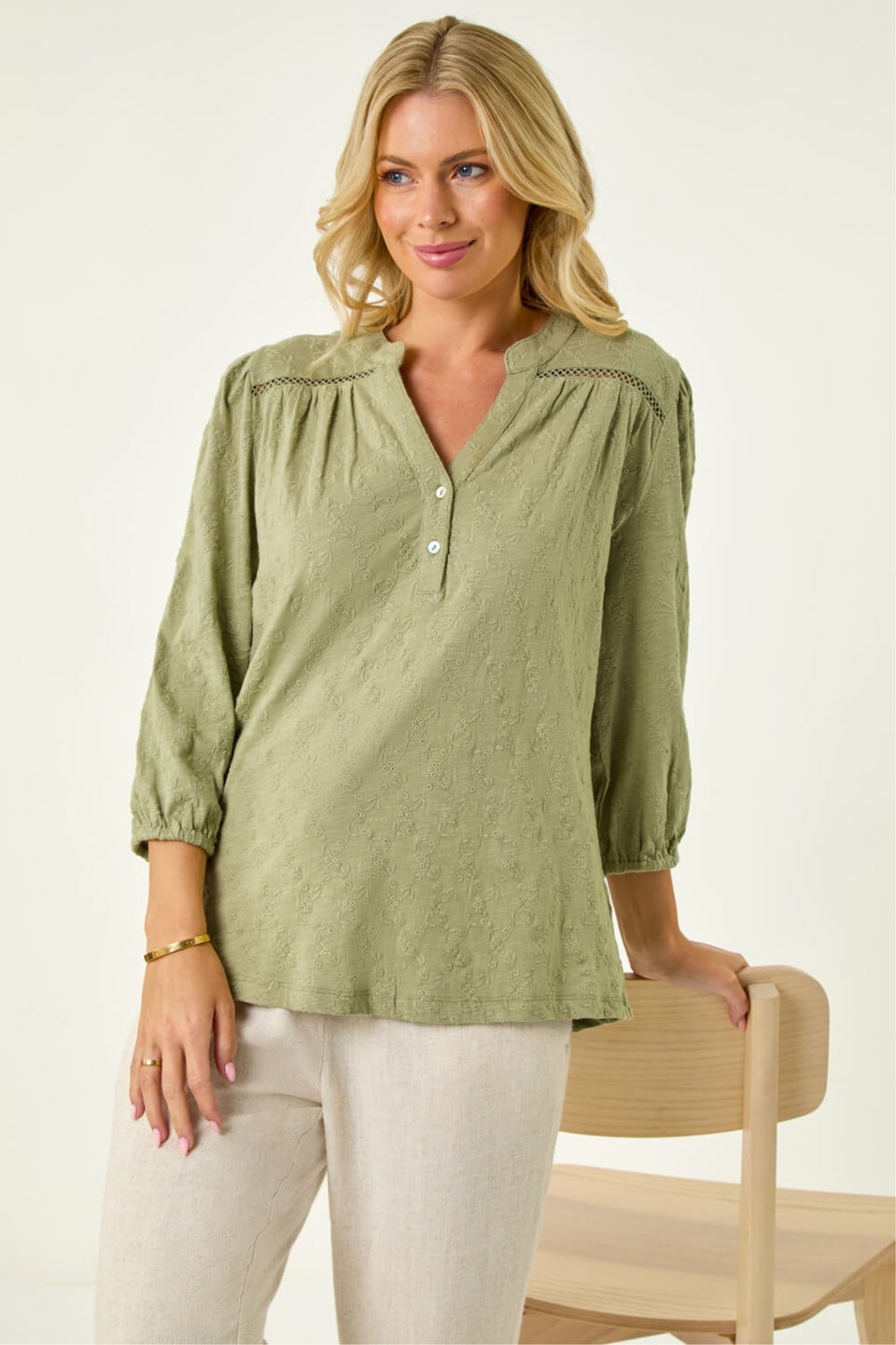Roman Khaki Petite Embroidered Stretch Top