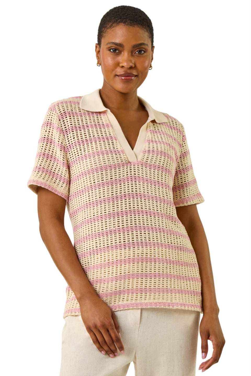 Roman Pink Stripe Crochet Collar Knit Top