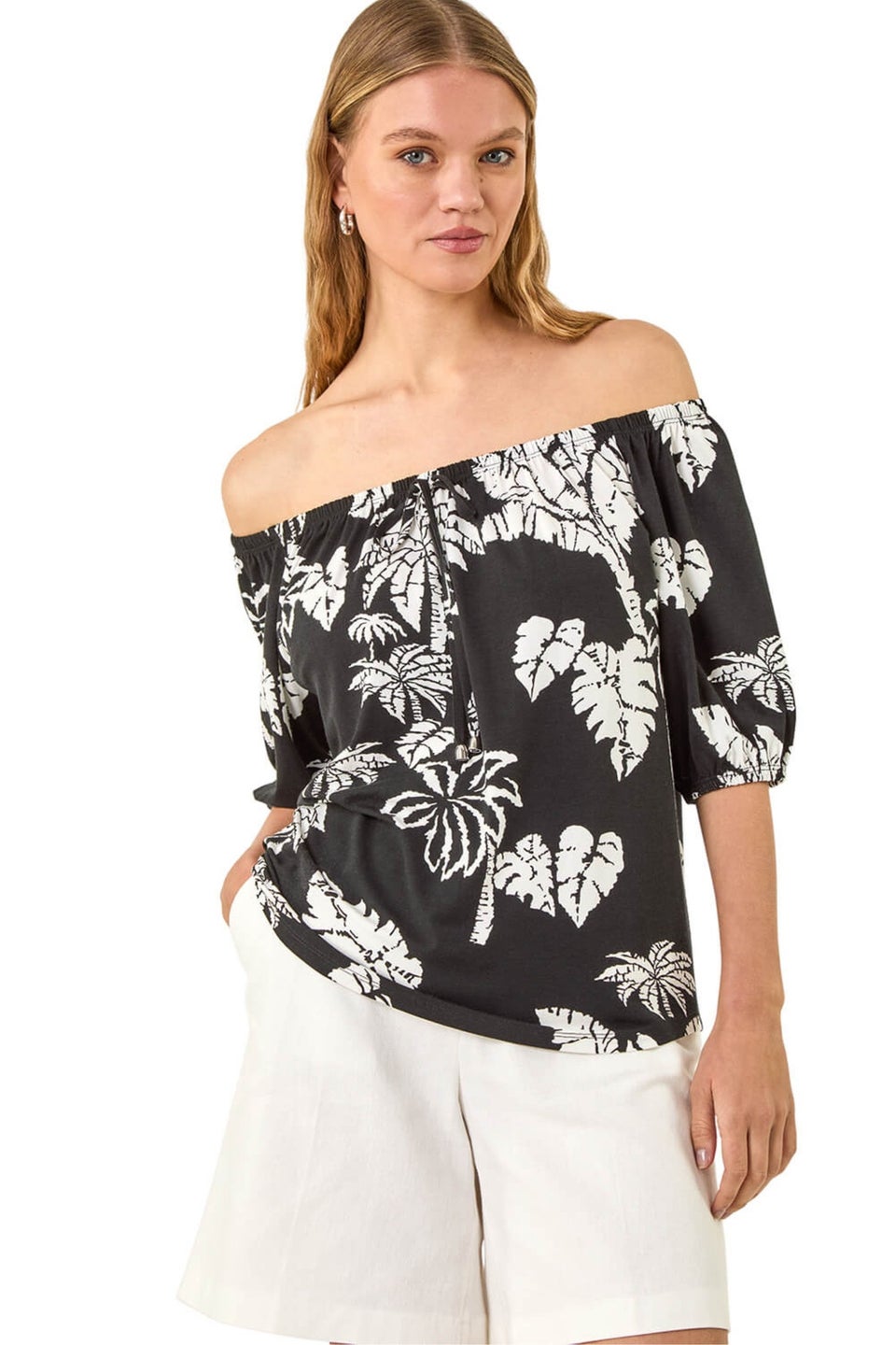 Roman Black Leaf Print Bardot Tie Front Stretch Top