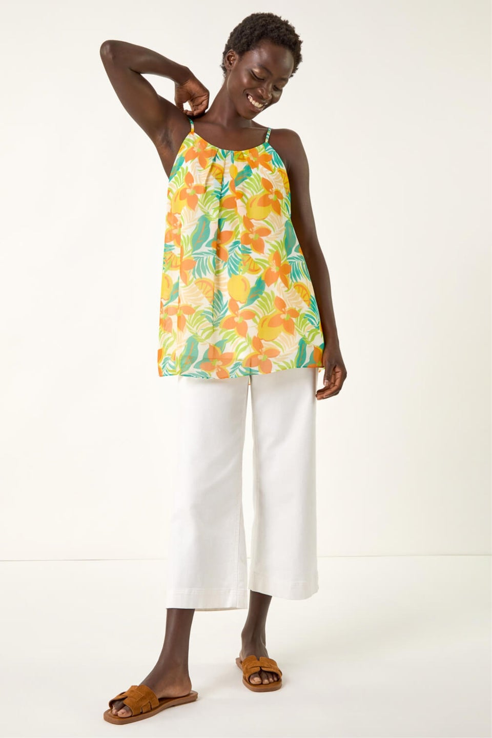 Roman Orange Chiffon Lemon Print Cami Top