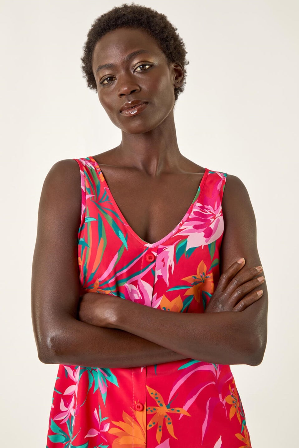 Roman Red Tropical Print V-Neck Button Cami Top