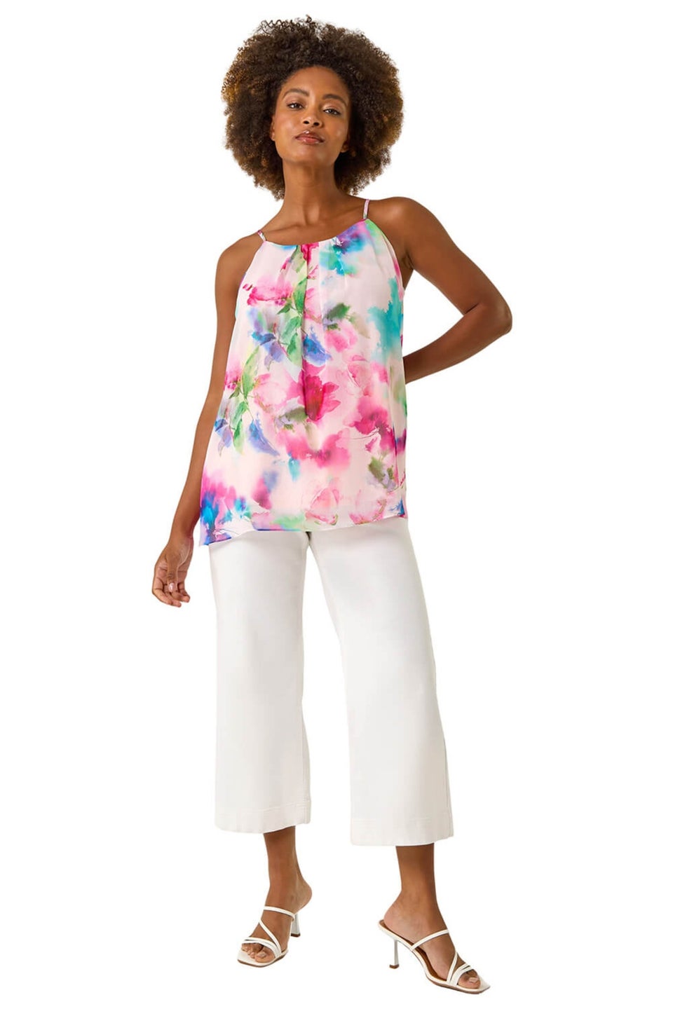 Roman Pink Floral Watercolour Chiffon Cami Top