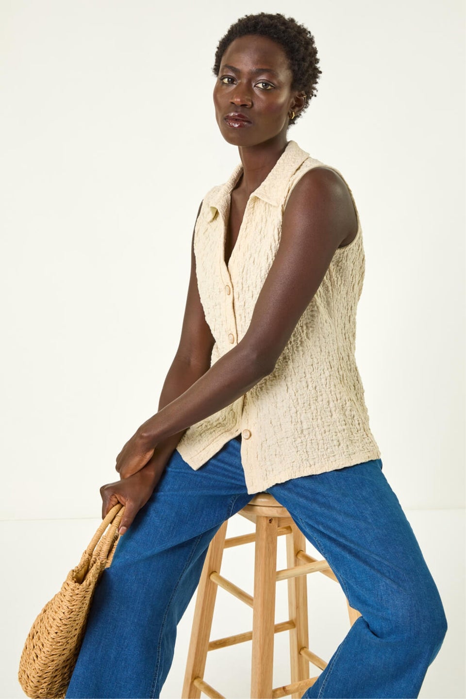 Roman Ivory Textured Sleeveless Buttoned Blouse